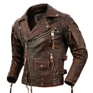 Herren Vintage abgenutzt braun gewachst Café Racer Retro Moto Biker Reitjacke - Bild 1 von 4