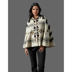 VTG 70s Poncho Sturbridge Acrylic Sweater Knit Collared Cape Hearts Checks - Picture 1 of 15