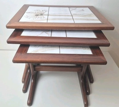Vintage Nest of 3 Tiled Top Tables Engesvang Mid Century MCM Botanical Design  - Image 1 of 4