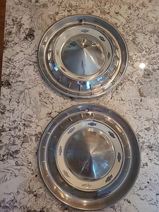 2- 15" Metal Hubcaps Chevrolet 210, Bel Air 1955 Chrome & White - Picture 1 of 10