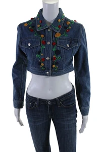 DKNY Women's Collared Long Sleeves Medium Wash Embellish Cropped Jacket Size P - Picture 1 of 6