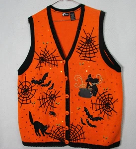 Vintage Holiday Editions Halloween Pullover Weste Hexe schwarze Katze Fledermäuse Spinnennetz 1X - Bild 1 von 10