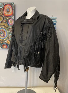Reed Sportswear Giacca di pelle con frange - Nero - Vintage - L - Donna - Pit 24" - Foto 1 di 8