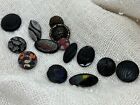 14 Antique Black Glass Buttons, Imitation Fabric, Painted, Petit Point, Luster