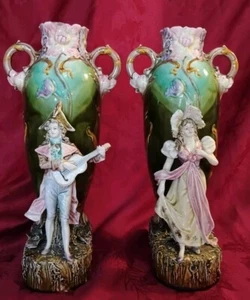 Antike Majolika Jugendstil Vasen Urnen Paar figürlich Mann & Dame - Bild 1 von 24