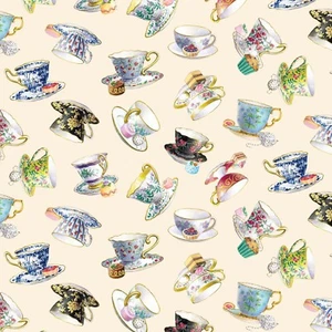 BTY Elizabeth's Studio Fancy Tea Teacups Cotton Fabric By The Yard 34001E-CREAM - Picture 1 of 1