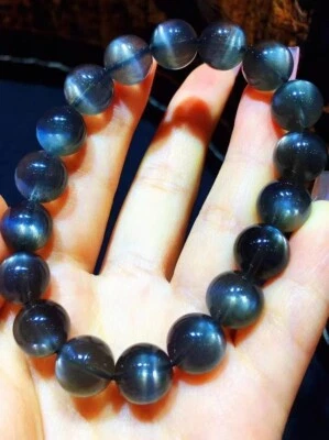 Pulsera de cuentas de cristal de piedra solar negra natural genuina AAAA 11 mm Foto 1 de 4