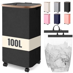 100L Laundry Basket With WheelsRolling Dirty Clothes Hamper With LidLarge Col... - Picture 1 of 7