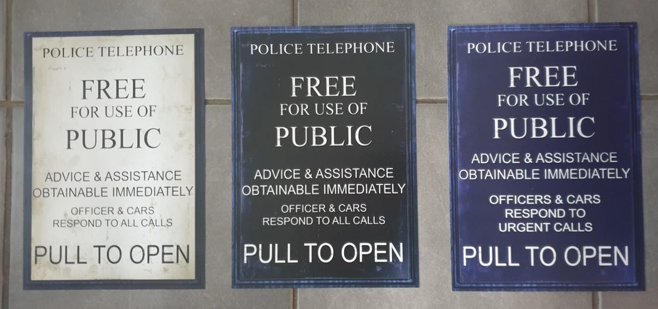 Doctor Who A4 Police Box Tardis Sign Prints x3 white,black & blue - Image 1 of 1