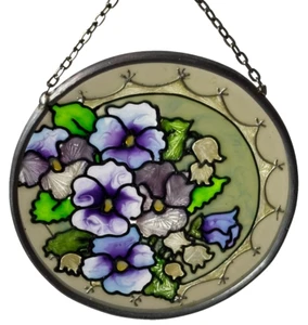 Painted Stained Glass Flower Pansy Pansies Violet Window Suncatcher Decor 3 5/8" - Picture 1 of 4