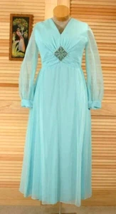 Vintage aqua chiffon maxi dress rhinestone embellishment sheer Size M L chest 44 - Picture 1 of 4