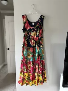 VTG 90s Tiered Midi Dress XL India Bright Floral Print Empire Waist Drawstring - Picture 1 of 13