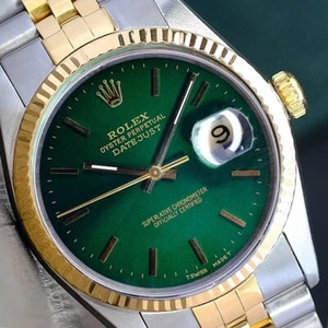 Mens Rolex Oyster Perpetual Datejust 36mm 18K Gold  Steel Green Dial Watch 16013 - Picture 1 of 22