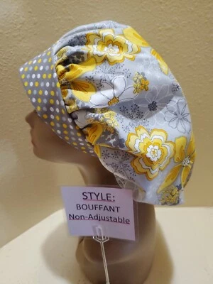 Flowers (yellow and grey) Women's Bouffant Surgical Scrub Hat/Cap Handmade - Image 1 of 4