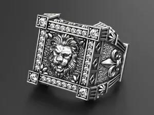 0.50Ct Simulated Diamonds Heraldic Lilies & Lion VICI VIDI VENI Mens Silver Ring - Picture 1 of 7