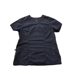 Peaches Uniform Navy Blue Pink Heart Top Size Large Excellent - Picture 1 of 2