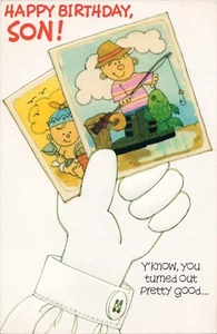 Divertente cartolina vintage felice compleanno PER FIGLIO di American Greetings 1982 + busta - Foto 1 di 5