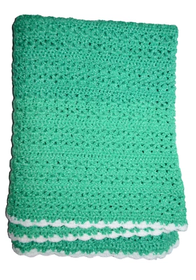 Vintage Crochet Throw Blanket Green Small White Baby Threads Handmade - Image 1 of 4