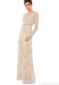MAC DUGGAL 10769 SEQUINED FLORAL EMBELLISHED LONG SLEEVE SILVER NUDE GOWN sz 12 - Picture 1 of 6