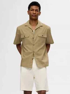 Selected Homme Boxy Shirt Size L NEW Khaki Brown Cotton Short Sleeve - Picture 1 of 13