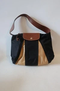 Authentic Womens Longchamp Tan Black Bi-Color Leather Trim Shoulder Handbag - Picture 1 of 17