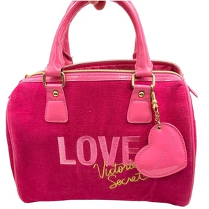 Victorias Secret Velour Satchel Handbag Pink LOVE Y2K Heart Charm Bag Purse FLAW - Picture 1 of 12