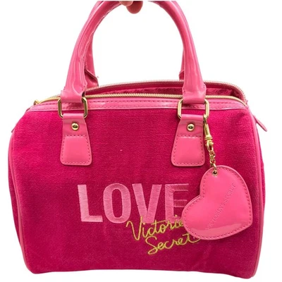Victorias Secret Velour Satchel Handbag Pink LOVE Y2K Heart Charm Bag Purse FLAW - Image 1 of 4