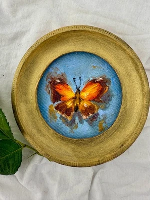 Retrato de mariposa pequeña | Pintura al óleo original en marco ornamentado | mini arte Foto 1 de 4