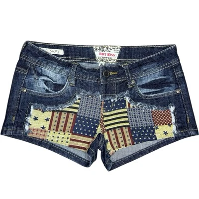 Hot Kiss CICI Mini Shorts Sz 3 American Patchwork Blue Denim Low Rise Dark Wash - Image 1 of 4