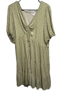Arula Green Floral Short Sleeve Cinch Tie Front Babydoll Dress Y2K Peasant Xl - Picture 1 of 3