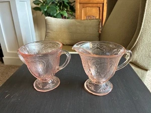 Pink Depression Glass Sugar Bowl & Creamer Hazel Atlas Royal Lace without lid - Picture 1 of 3
