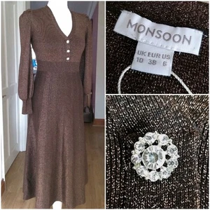 BNWOT - MONSOON size 10 Bronze Metallic Knit Fit & Flare Midi Jumper Dress NEW - Picture 1 of 6