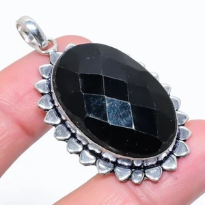 Black Spinel Gemstone Handmade 925 Sterling Silver Jewelry Pendant Size 2" - Picture 1 of 1