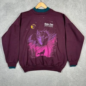Vintage Sweatshirt Mens Large Maroon Green Two Tone Wolf Northern Lights Animal - Picture 1 of 8