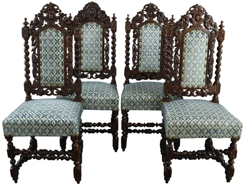 Set of 4 Antique Dining Chairs French Hunting Renaissance Carved Oak Blue Fabric Cover