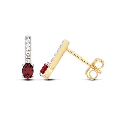 9ct Yellow Gold on Silver simulated RUBY & Cz Oval Solitaire Drop Stud Earrings - Image 1 of 4