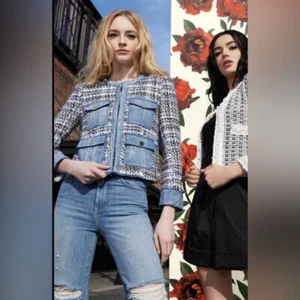 Alice + Olivia Kombi Tweed und Denim aufgesetzte Tasche Jacke blau Gr. M - Bild 1 von 8