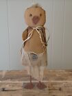 New Primitive Handmade Chick Doll Standing Wood Base Grungy Spring Summer Decor