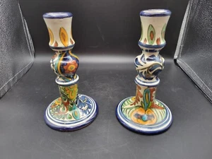 Hand Painted Telavera Mexican Art Pottery 8 In Candle Holder X 2 - Picture 1 of 5