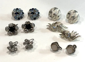 CORO VINTAGE MCM ENAMEL RHINESTONE SILVER Clip On Earrings SIGNED LOT 6 PAIRS EU - Picture 1 of 8