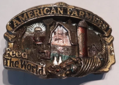 belt buckle American Farmers Feed the World 1984 Great American brass red barn - Image 1 of 2