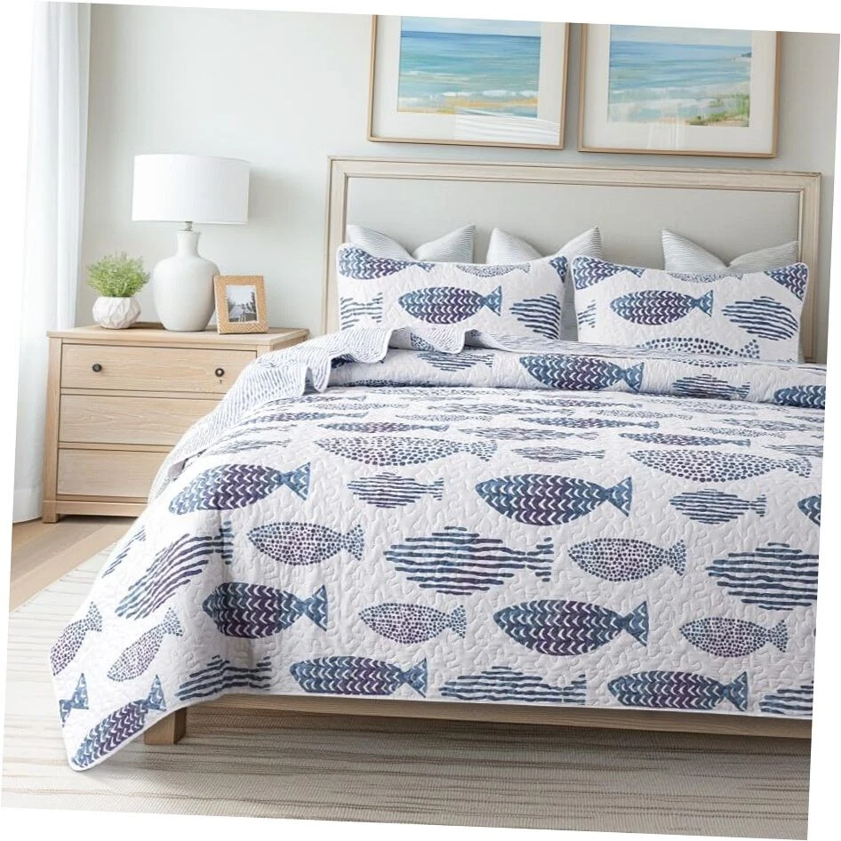 SLPR Sea of Dreams 2-Piece Quilt Set - Twin Size with 1 Sham Blue and White O...