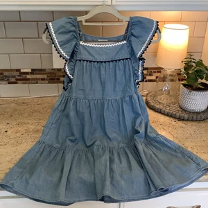J. Crew Girls' Crew Cuts Flutter Sleeve Tiered Chambray Dress Blue Sz 8 Rickrack - Picture 1 of 6