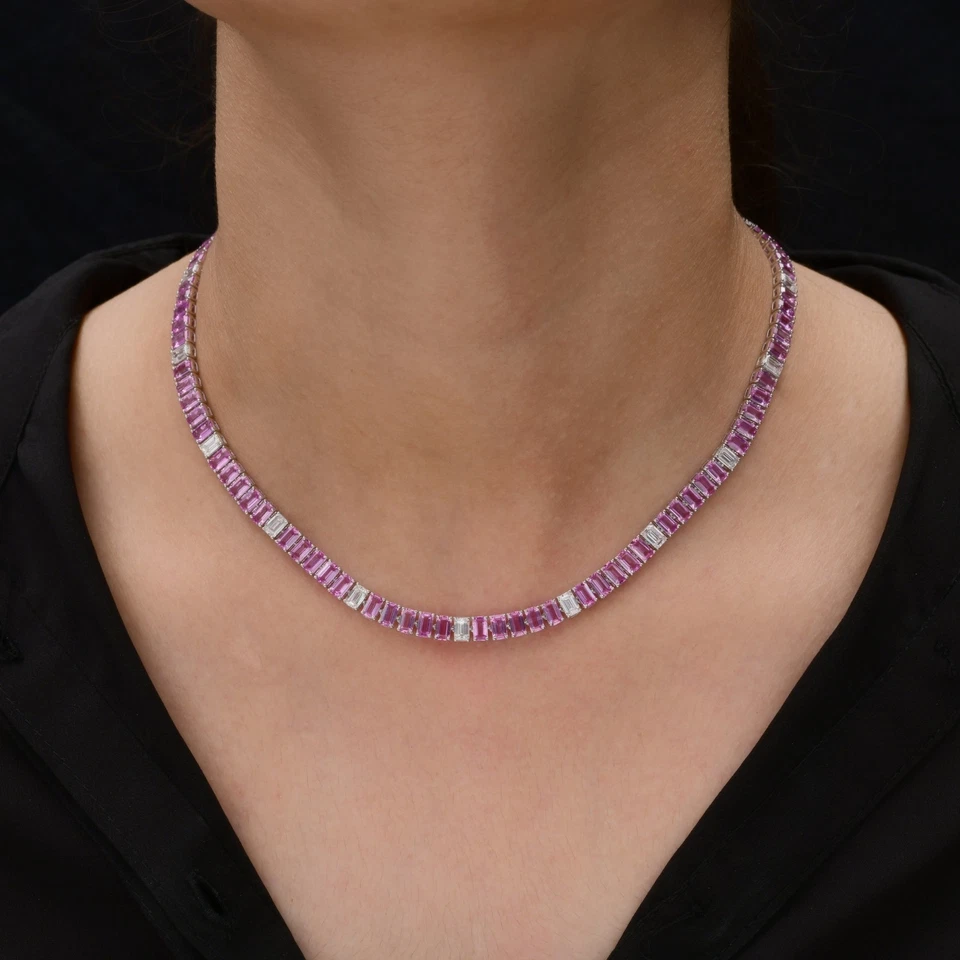 Pink Sapphire Natural H/SI Diamond Necklace Chain 18k White Solid Gold 32.19 Tcw - Image 1 of 4