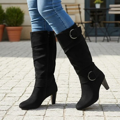 Black Womens Ladies Mid Heel High Boots Calf Knee Boot Dual Buckle Shoes UK Size