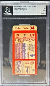 1941 WORLD SERIES TICKET GAME 4 ORIOLES DODGERS BGS 5 GRADED *T228 - Bild 1 von 1