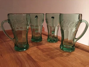 Libbey Vintage Coca-Cola Green Glass 10 oz Handled Fountain Mugs ~ Set 4 ~ MINT - Picture 1 of 10