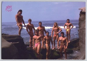 Postal Beefcake - Ocho trozos bronceados en tangas, escena de playa casi desnuda - Imagen 1 de 2