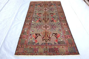 Geometric Antique Faded Rug 4x7 Afghan Balouchi Rug- Turkmen Nomadic Bedroom Rug - Picture 1 of 15