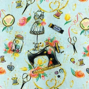 Sewing theme fabric, dressmaking craft cotton, sewist craft, sewing machine - Picture 1 of 6